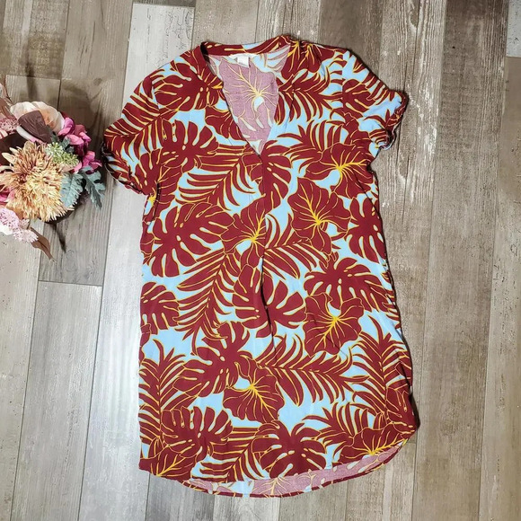 H&M Short Sleeve Palm Leaf Floral V-Neck Short Dress Blue Burgundy Size 6 NWOT - Picture 1 of 15